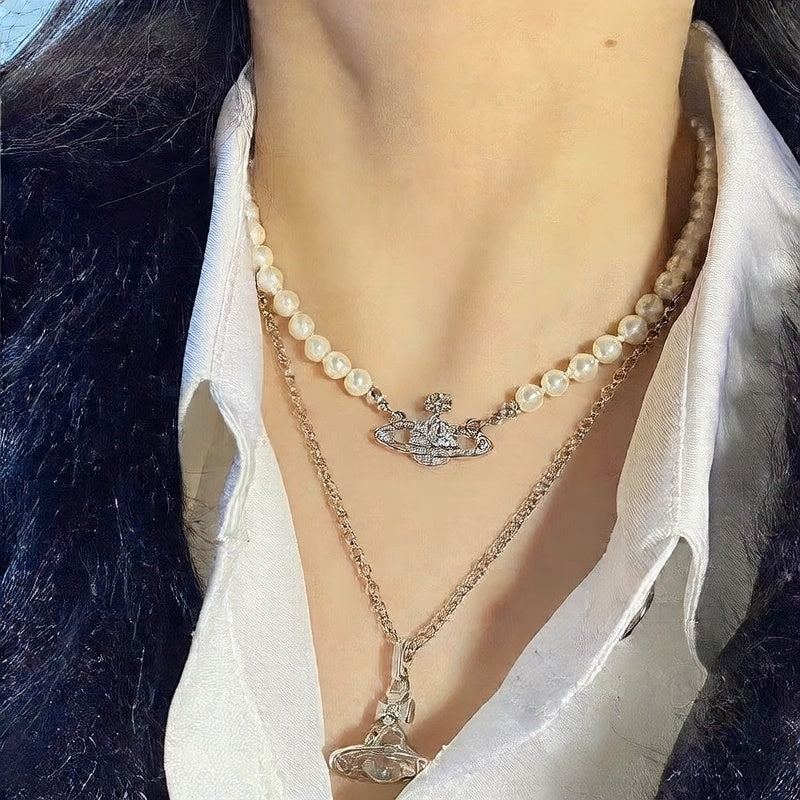 Saturn Pearl Brooch Necklace