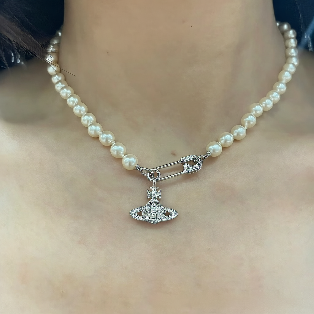 Saturn Pearl Brooch Necklace