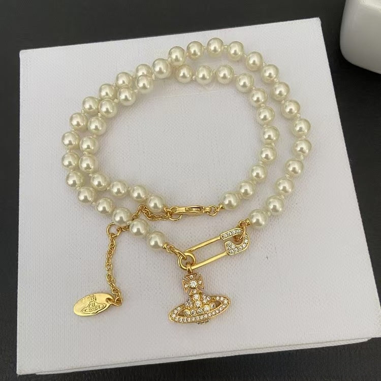 Saturn Pearl Brooch Necklace